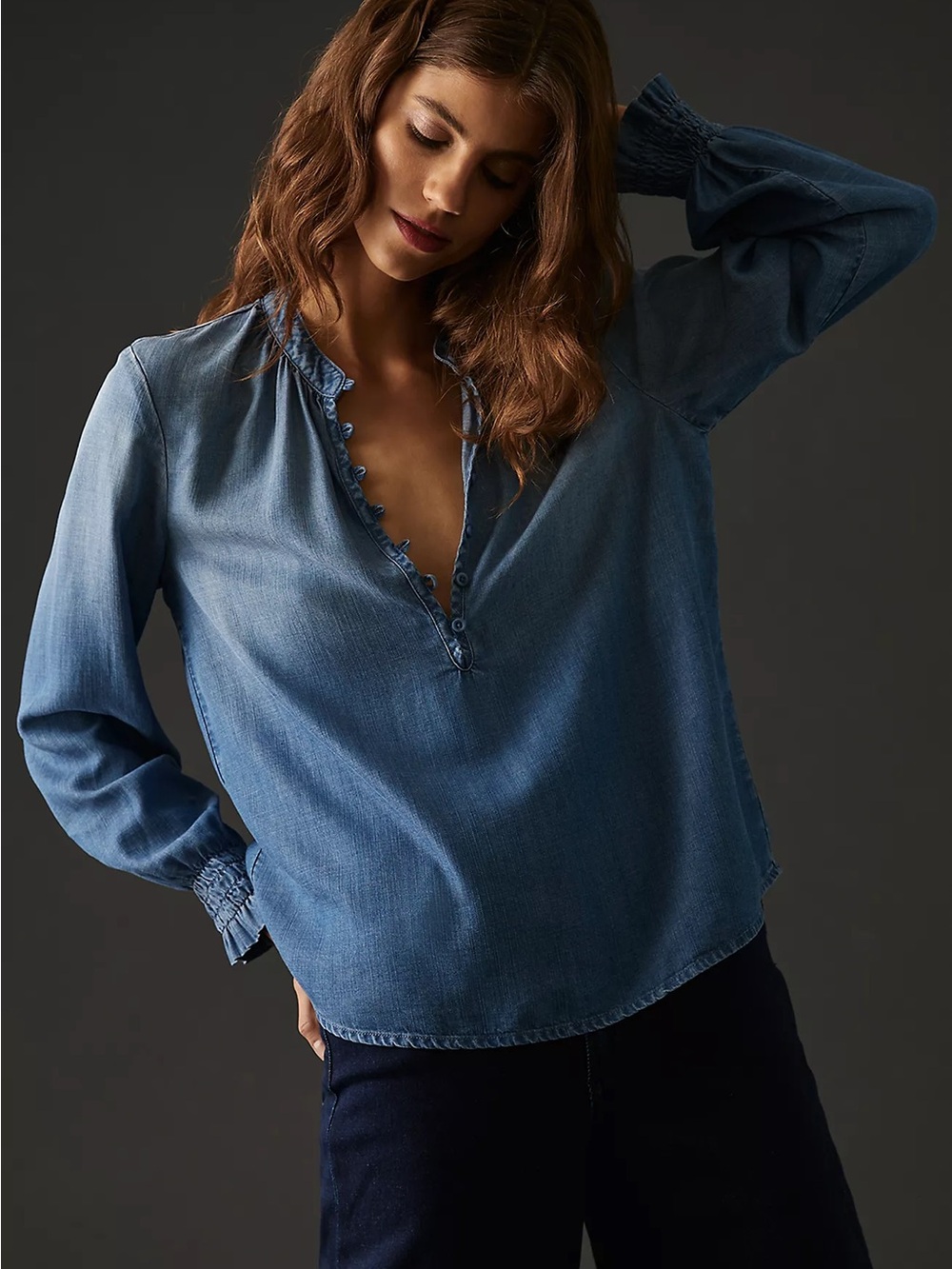 Cloth and Stone Light Denim Blue V-Neck Long Sleeve Blouse